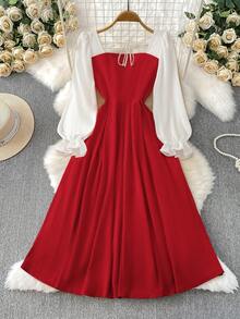 SHEIN Clasi Váy midi tay dài đính đá pha lê cao cấp, sang trọng, lãng mạn, thanh lịch, cỡ lớn dành cho nữ, thích hợp cho lễ cưới, lễ đính hôn, dạ tiệc, Giáng sinh, ngày lễ tình nhân, hẹn hò - Đỏ và trắng - Xem 5
