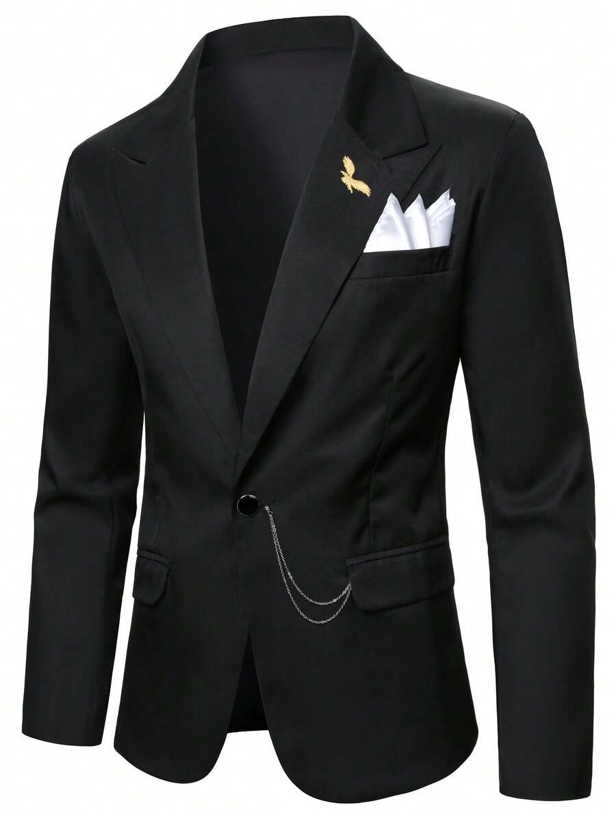 Manfinity Mode Men's Casual Jacket, Fashion , Simple Embroidery Design, Leisure Blazer - Black - View 1