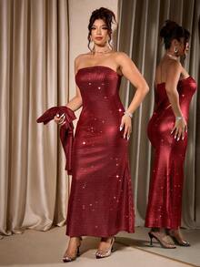 Cravure Plus Size Women Silver Foil Sexy Bandeau Cinched Waist Mermaid Hem Bodycon Dress With Small Cardigan Outerwear 2 Piece Set