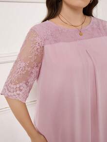 Miaspire Plus Size Women's Round Neck Mesh Splice Casual Daily Wear Spring Summer Ripe Elegant Mom Pink Dress