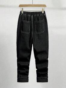 Jeans vaqueros vintage de tiro holgado y cómodos con cintura elástica, de un lavado azul profundo y corte cónico, para adolescentes - Negro - Ver 2
