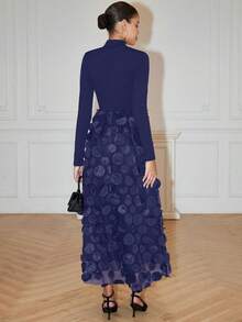 Rafferiza 女式高领罗纹拼接花卉网眼优雅长袖连衣裙长款女装 - 藏蓝色 - 查看 2