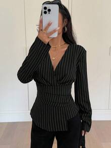 Siren Gaze Women's Striped Waist Cinching Long Sleeve Shirt, Autumn/Winter Black Business Casual Top Office Blouse Women Blouses Elegant Spring - Black - View 3