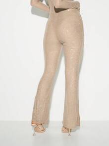 KIZN Hotfix Rhinestone Embellished Skinny High Rise Split Hem Flare Trousers Party Evening Formal Pants - Apricot - View 2