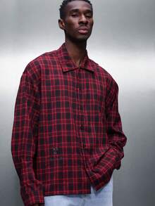 PLAYBOY X SUMWON Men's Cropped Button Down Plaid Flannel Shirt With Back Graphic Print Long Sleeve Casual Fall Winter - Red and Black - View 4