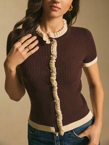 Poéselle Áo khoác cardigan dệt kim gân sọc cài nút phía trước viền tương phản dành cho nữ, áo len nữ màu nâu sô cô la, áo dệt kim mùa xuân dành cho nữ. - màu nâu - Xem 5