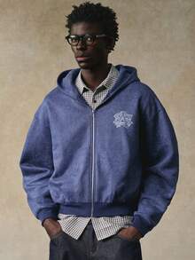 STYNVO 男士字母印花长袖拉链休闲连帽衫 短款连帽衫 男士街头服饰 男士图案连帽衫 街头风拉链西部风连帽衫 - 藏蓝色 - 查看 2