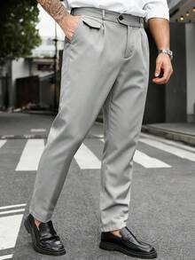 Manfinity Mode 大码男士简约纯色直筒裤，斜插口袋设计，适合工作和通勤穿着。 - 淺灰色 - 查看 3
