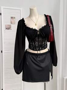 Comfortcana Plus Size Women Lantern Sleeve Lace Patchwork Square Collar Padded Blouse, Romantic For Dates And Parties, Autumn/Winter Black Babydoll Top