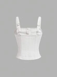 SHEIN MOD 仿珍珠纽扣装饰背心，直筒裤，贵族风套装，女士两件套，女士两件套，粗花呢两件套，白色两件套，秋冬节日两件套 - 白色 - 查看 6