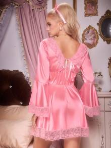 浪漫优雅公主风粉色蕾丝女士睡袍，冬季款 - 粉色 - 查看 2