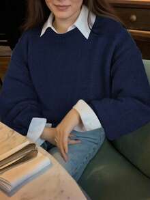 EMERY ROSE Áo len dệt kim cổ đứng màu trơn ngắn dành cho nữ - Màu xanh hải quân - Xem 3