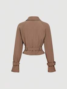 SHEIN MOD Women's Coffee Brown 2 Pieces Set,Summer Business Casual Office Wear,Short Loose-Fit Blazer With Belt & Wide Leg Pants Suit,Elegant Workwear Pantsuit - Brown - View 5