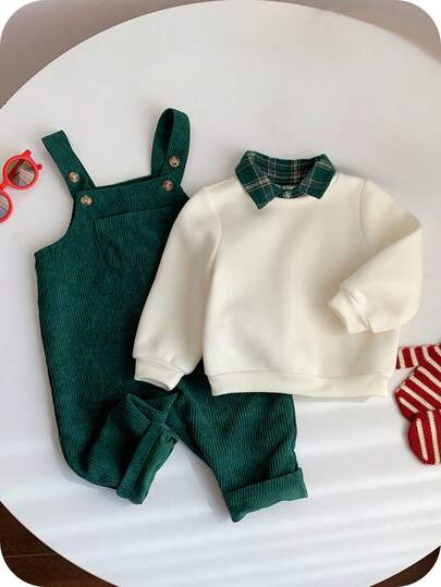 SHEIN 2pcs/Set Baby Boy Thermal Lined Beige Sweatshirt & Green Corduroy Plaid Overalls Set, Comfortable Versatile Fashionable Casual Basic Style, Suitable For Indoor, Outdoor Skiing, Daily Wear, Sports, Play, Party, Photography In Autumn/Winter