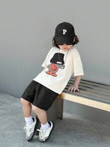 SHEIN 2pcs/Set Young Boy Kids Comfortable Daily Versatile Casual Cute Loose Fit Japanese And Korean Style Animal Bear Pattern Embroidered Round Neck Short Sleeved T-Shirt Knitted Top And Yellow Waffle Shorts Set, Suitable For Spring And Summer Seasons, Daily Life, Sports, Campus, Gatherings, Festivals, Performances, Photography, Back To School Season - Black - View 2