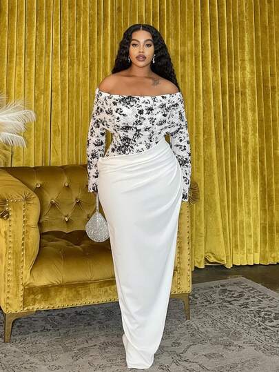 Veslaya Spring/Autumn New Elegant Party & Elegant Date Night & Evening Party & Birthday Party & Graduation Season & Wedding Season Sexy Dress, Fitted Solid White Off-Shoulder Long Sleeve, Sheer Lace Top, Knit Patchwork Maxi Dress, Plus Size White Dress Plus Size Elegant Off The Shoulder Plus Size Dress