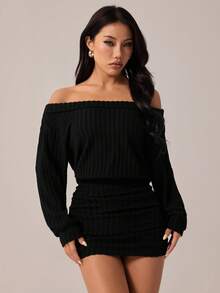 SHEIN PETITE 时尚性感露肩黑色迷你连衣裙 - 黑色 - 查看 7