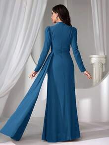 Coutiva 女士立领仿珍珠装饰长款晚礼服 - 霧霾藍 - 查看 2