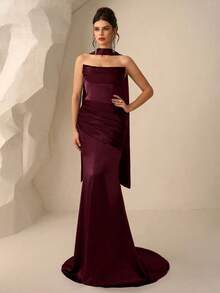 Coutiva Váy dạ hội trang trọng không dây xếp ly màu trơn thanh lịch dành cho nữ (được trang trí nhiều chi tiết) - Màu Đỏ Sâu - Xem 4