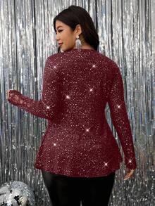SHEIN Clasi 大码V领扭结网眼拼接优雅长袖T恤 - 酒紅色 - 查看 7