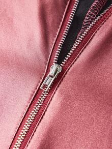 SHEIN EZwear Bộ jumpsuit dài tay màu đỏ tía co giãn khóa kéo phía trước dành cho nữ, chất liệu da, kiểu dáng catsuit, gợi cảm. - Màu Đỏ Sâu - Xem 3