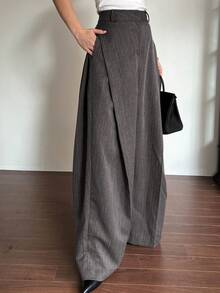 DAZY 女士休闲宽松条纹口袋阔腿裤秋冬 - 灰色 - 查看 3