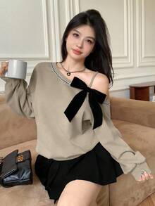Modelyn 秋冬宽松蝴蝶结斜肩休闲短款卫衣 - 卡其色 - 查看 6