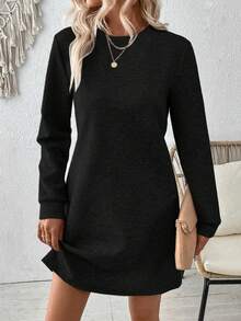 EMERY ROSE Plus Size Women Casual Textured Solid Color Long Sleeve Dress, Autumn/Winter - Black - View 5