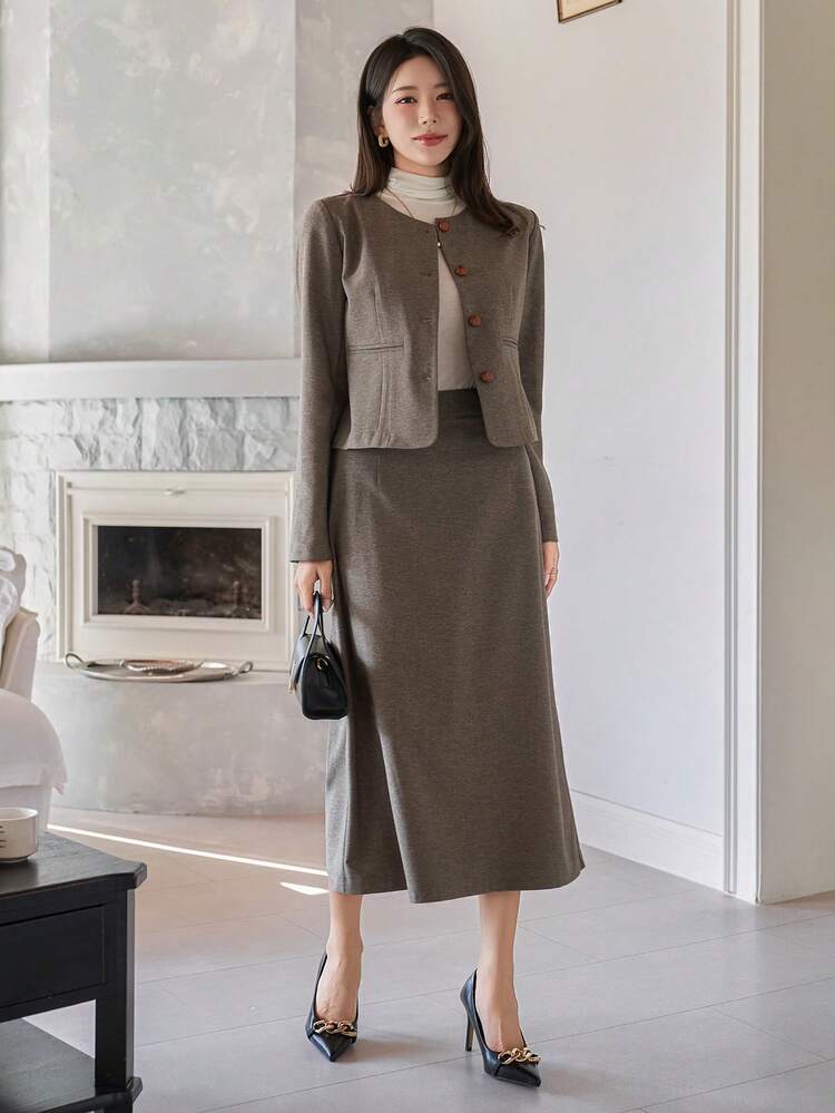 Women's Casual Solid Color Round Neck Jacket And A-Line Skirt 2-Piece Set, Autumn