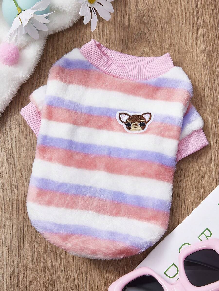 PETSIN 1件粉色条纹彩色宠物透气保暖连帽衫秋冬度假休闲厚宠物服装 - 粉色 - 查看 1