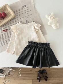 SHEIN 女婴秋冬时尚套装，优雅纹理上衣和裙子两件套，长袖蝴蝶结装饰短百褶裙 - 杏色 - 查看 2