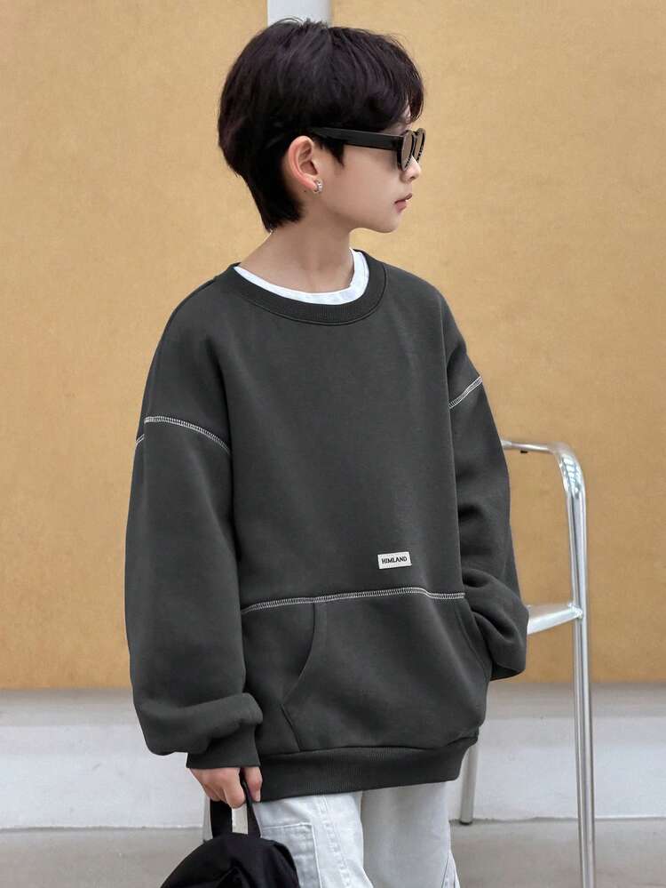 Tween Boy Letter Graphic Crew Neck Dropped Shoulder Loose Fit Sweatshirt Spring