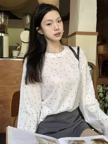 DAZY Women's Polka Dot Print Round Neck Casual Versatile Long Sleeve T-Shirt - White - View 3