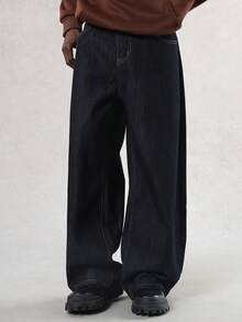 DAZY 男士字母印花刺绣设计原色藏蓝色牛仔裤，秋季款 - 黑色 - 查看 5