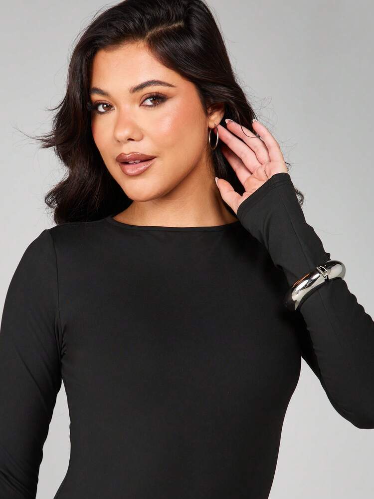 MISSGUIDED Vestido largo de manga larga y silueta ajustada para ocasiones de noche, con cuello redondo y detalles de puño con anillo metálico