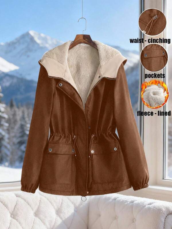 GlowEve Chaqueta con capucha, cintura ceñida y forro térmico con bolsillos para mujer, de uso diario, casual, elegante, de estilo francés, vintage y versátil para vacaciones y negocios, de manga larga, color beige, para otoño/invierno