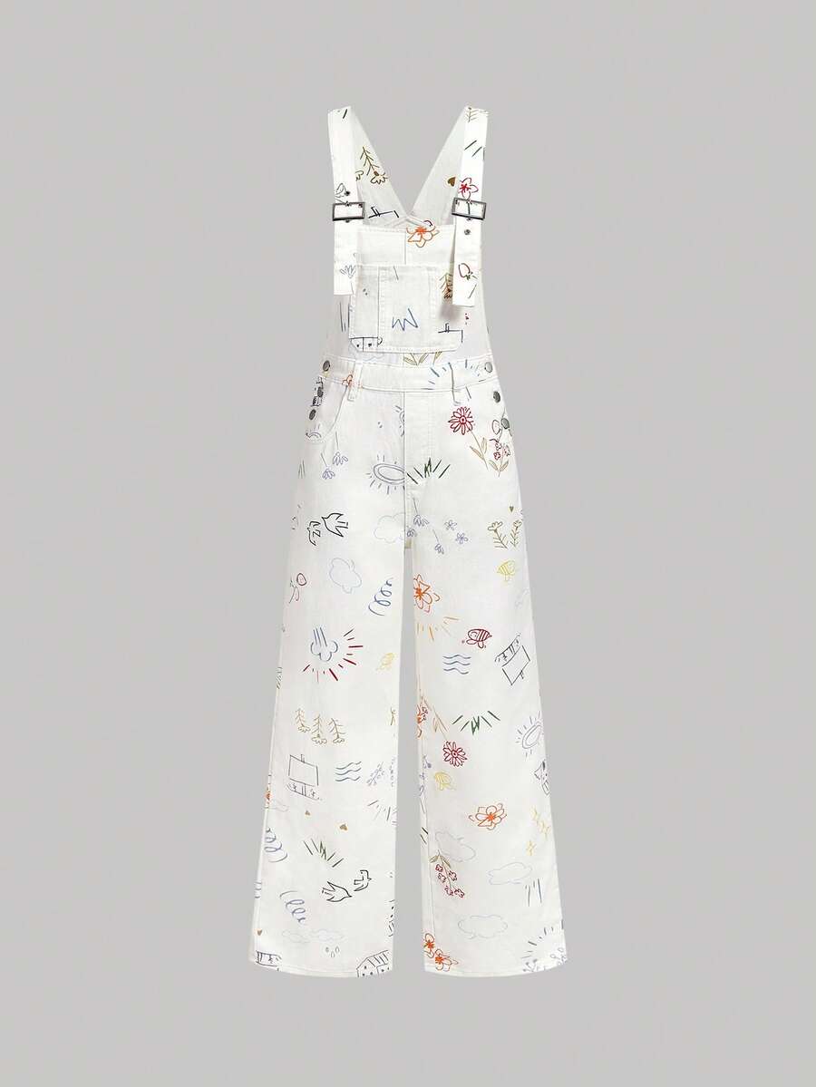 Sweetra 女士全印花口袋休闲牛仔背带裤和连体裤