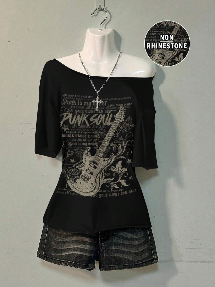 Attitoon Women's Casual Guitar Rock Print Loose-Fitting T-Shirt, Perfect For Summer And Autumn Wear. - Black - View 1