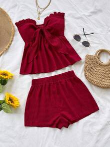 Soleia 女士条纹印花荷叶边下摆扭结前襟无袖露脐上衣和休闲短裤两件套，适合派对、海滩、海边穿着 - 紅色 - 查看 3