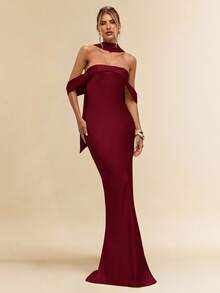 SHEIN BAE 女士性感简约纯色黄色缎面不对称垂褶领优雅美人鱼连衣裙，适合派对、晚宴、正式场合、伴娘礼服、生日迷你裙、商务休闲等场合，露背缎面优雅超长连衣裙 - 酒紅色 - 查看 3