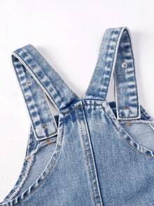 SHEIN Quần yếm denim giặt cho bé gái, bộ đồ liền thân rộng rãi in hoa - Màu xanh lam - Xem 9