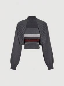 SHEIN MOD Set Atasan Tube Rajut Minimalis Bergaris Abu-abu Gelap dengan Warna Kontras dan Kardigan Pendek, Set Sweater Rajut Dua Potong Nyaman untuk Musim Gugur dan Sehari-hari - Grey - View 5