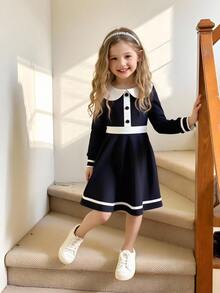 Elladie kids 1件女童休闲领口刺绣拼色针织连衣裙 - 黑色 - 查看 8