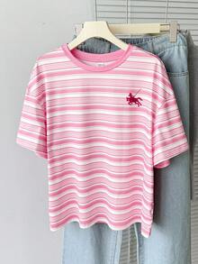 SHEIN Teenager Mädchen gestreiftes Kontrast-Farben Rundhals Kurzarm Lässig T-Shirt - Pink - Übersicht 1