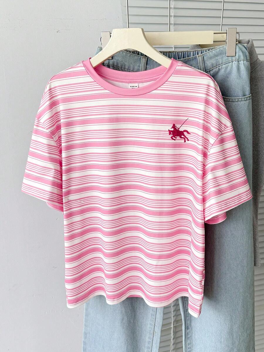 SHEIN Teenager Mädchen gestreiftes Kontrast-Farben Rundhals Kurzarm Lässig T-Shirt - Pink - Übersicht 1