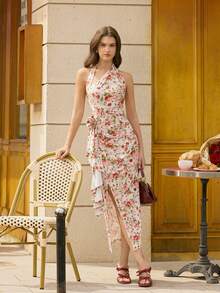 SHEIN MOD 女士优雅派对印花露背连衣裙，优雅红色，连衣裙，印花连衣裙，新年连衣裙，跨年夜连衣裙，浪漫约会，法式连衣裙，荷叶边缎带，毕业礼服，节日连衣裙，女士生日连衣裙，仙女风，外出连衣裙，春季婚礼宾客连衣裙，晚礼服 - 彩色 - 查看 4