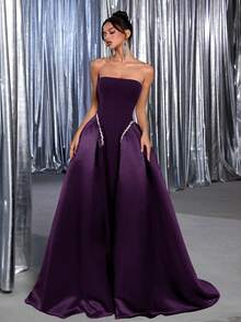 Vowa 优雅黑色针织拼接缎面胸衣，搭配白色奢华串珠缎带超大A字裙，后背系带可调节，适合约会、单身派对、婚礼、活动、度假、返校季、正式场合。 - 紫色 - 查看 4