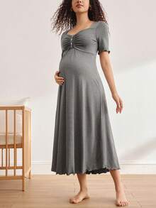 Moonlight&Mama Maternity Casual Solid Color Short Sleeve Nursing Nightgown - Grey - View 4