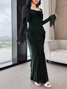 Feyla 女士优雅花卉荷叶边喇叭袖连衣裙，秋季 - 墨綠色 - 查看 6