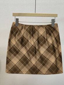 SHEIN Franclia Chân váy ngắn kẻ caro đỏ cổ điển dành cho nữ, Thu/Đông - màu nâu - Xem 4